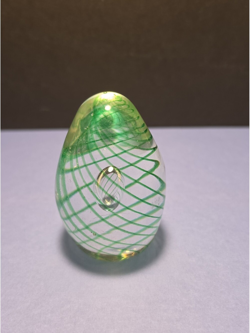 Art Glass Egg Form Paperweight Clear w/ Green Spiral Swirl Design